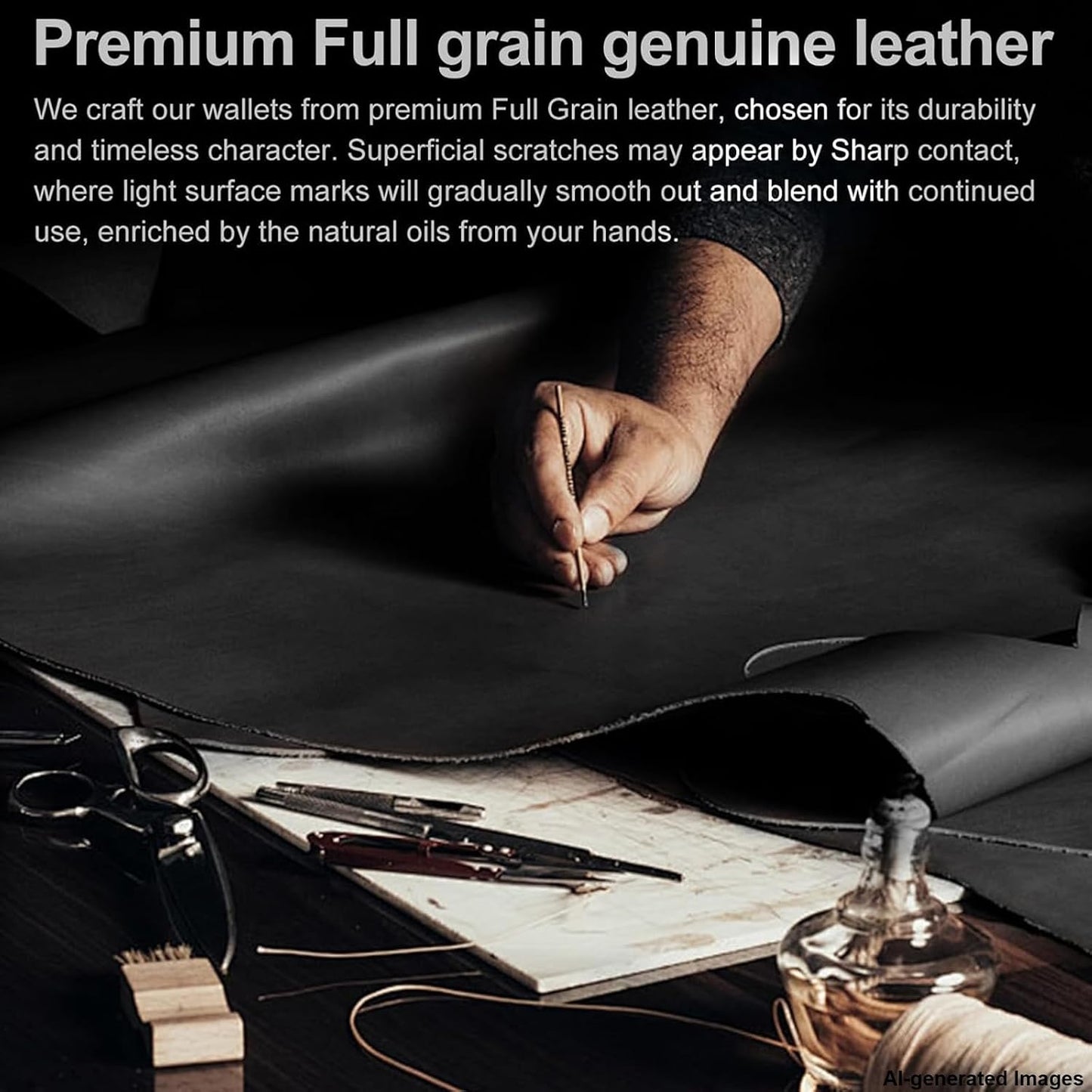 Artesano trabajando el cuero genuino de grano completo utilizado en la billetera Reignardo, mostrando su elaboración artesanal