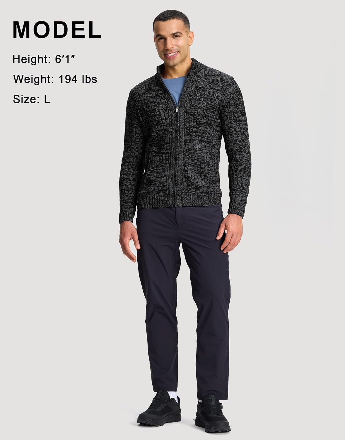 Referencia de talla del cárdigan Reignardo, modelo 1,85 m talla L
