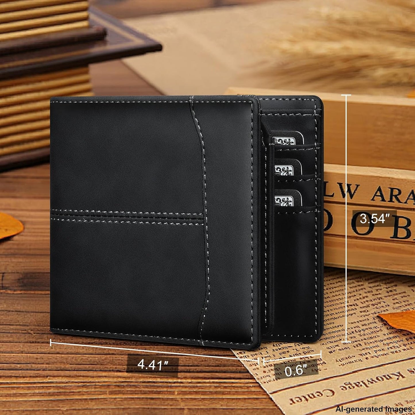 Billetera Reignardo con sus medidas exactas: 4.41 x 3.54 x 0.6 pulgadas, un tamaño slim ideal para llevar en el bolsillo