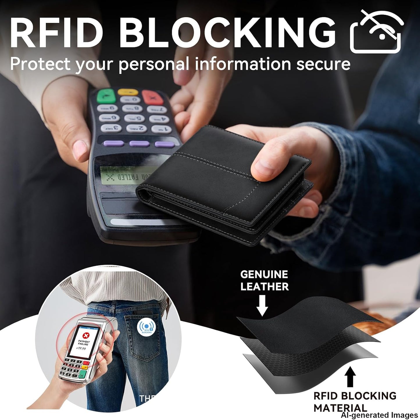 Billetera Reignardo con protección RFID que bloquea la lectura no autorizada de tarjetas para proteger tu información personal