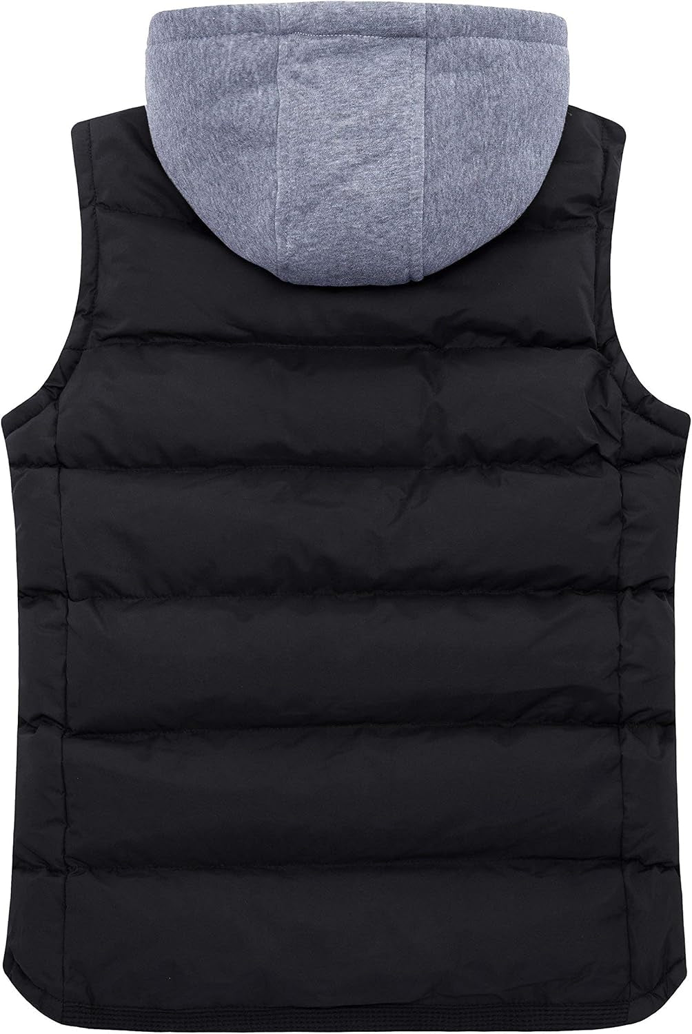 Vista trasera del chaleco Reignardo acolchado negro con capucha gris, mostrando el diseño acanalado y el corte slim
